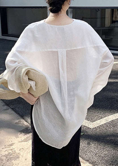 Loose White Button Low High Design Thin Silk Cotton Shirt Summer