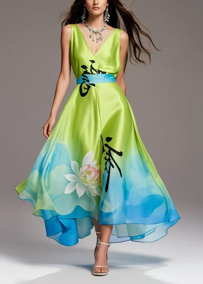 Bohemian Grass Green Print Exra Large Hem Silk Party Dress Summer