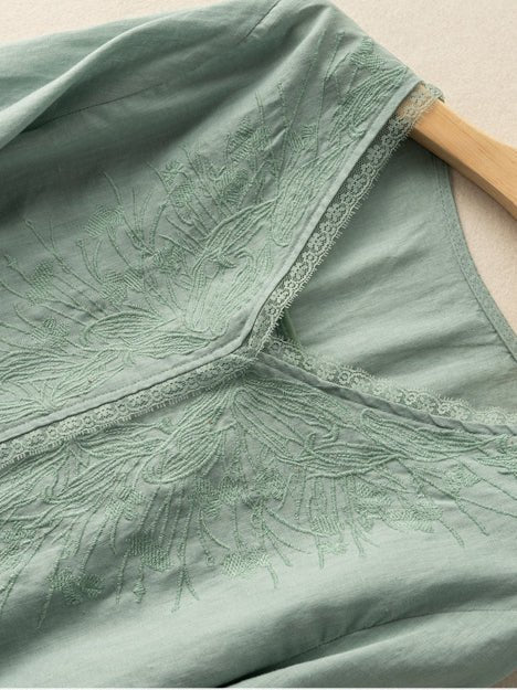 Embroidered V Neck 3/4 Sleeve Casual Linen Tee Top