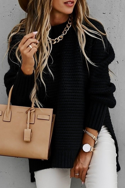 Round Neck Side Slit Casual Sweater