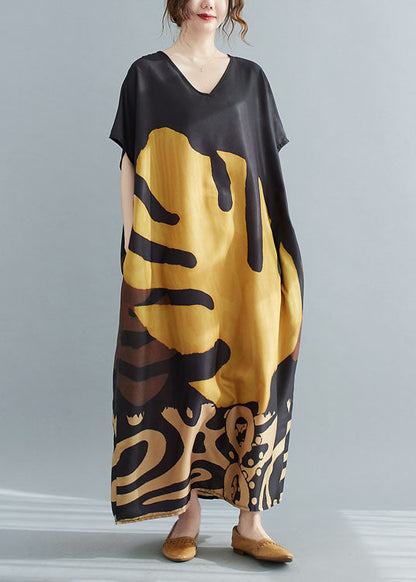 Plus size Loose Black V Neck Oversized Leaf Print Chiffon Long Dress Short Sleeve