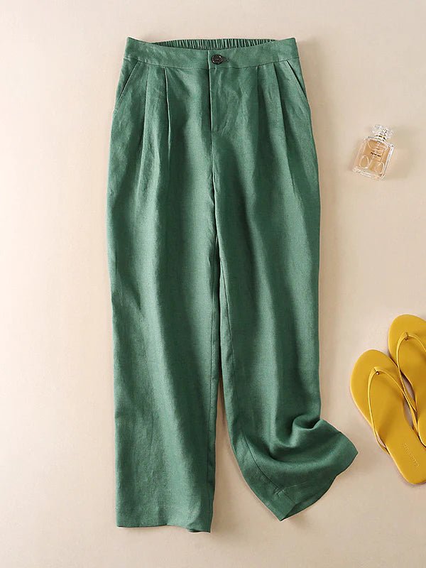 High Waist Solid Color Wide Leg Ninth Linen Pants