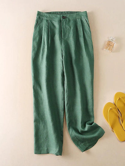 High Waist Solid Color Wide Leg Ninth Linen Pants