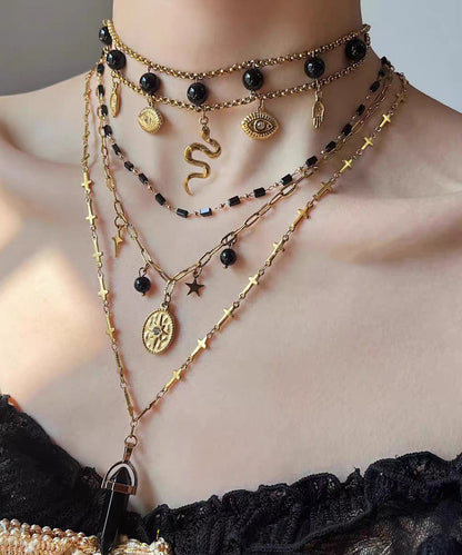 Boutique Black Sterling Silver Overgild Agate Pendant Necklace Three-Piece Set