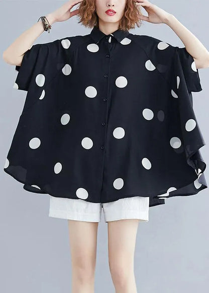 diy black dotted clothes For Women lapel Ruffles top