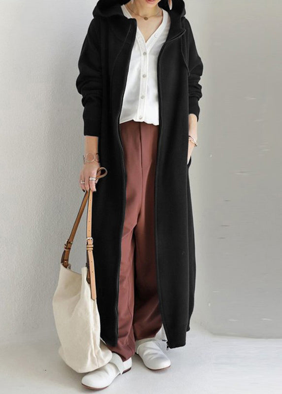 Brown Zippered Pockets Solid Warm Fleece Long Coat Hooded