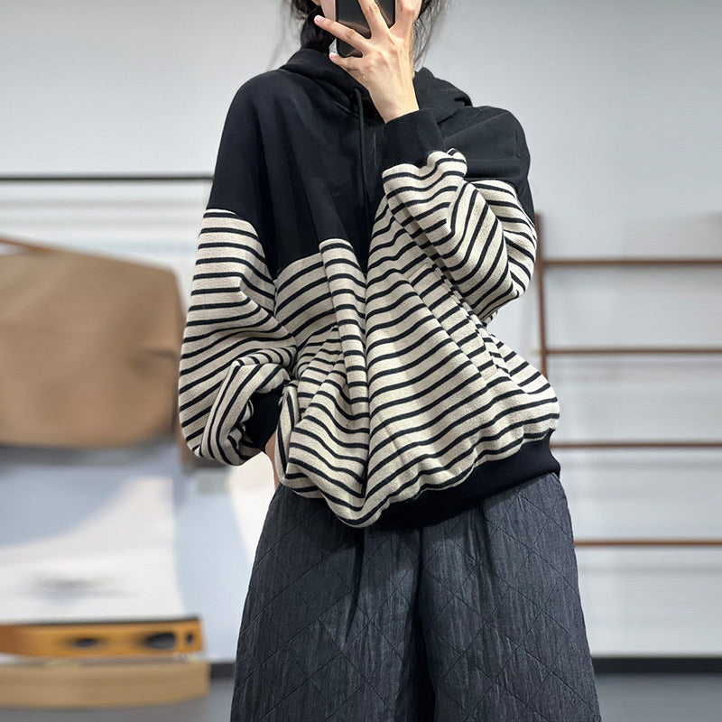 Contrast Stripe Fleece Drawstring Hooded Sweatshirt
