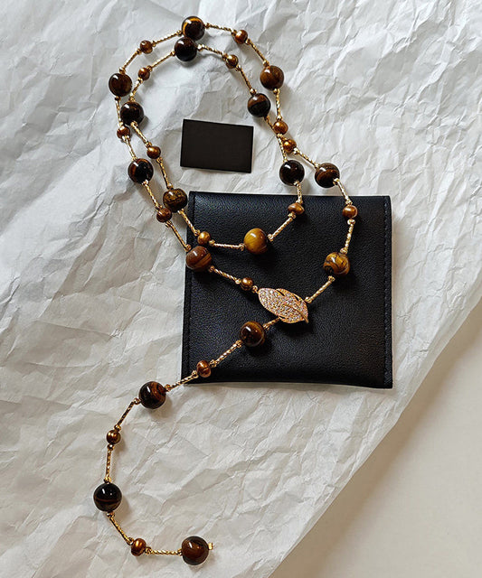 Art Tiger's Eye Stone Leaf Zircon Copper Long Necklace