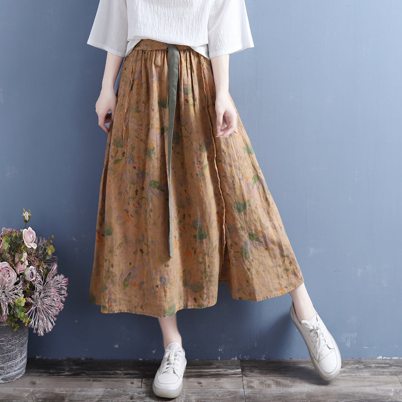 Cozy Vintage Cotton Linen Floral Skirt