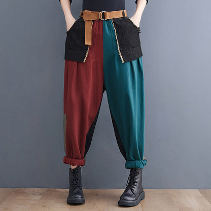 New Literary Plus Size Stitching Denim Harem Pants