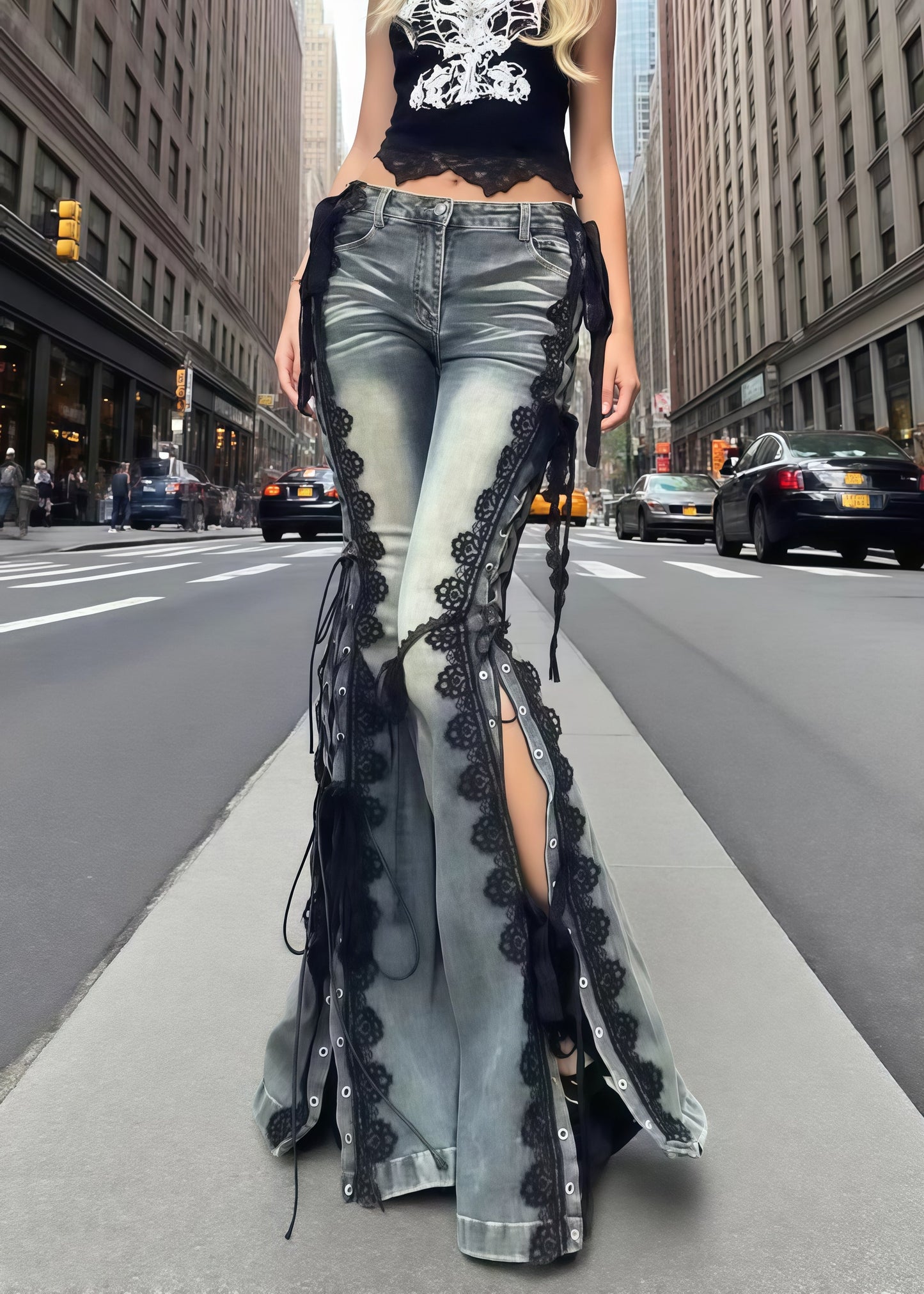 Stylish Lace Patchwork Side Open Denim Bell-bottom Trousers Summer
