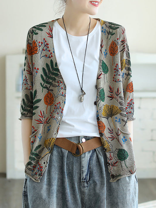 Plus Size - Leaf Printed Half Sleeve Women Knitted Shirt
