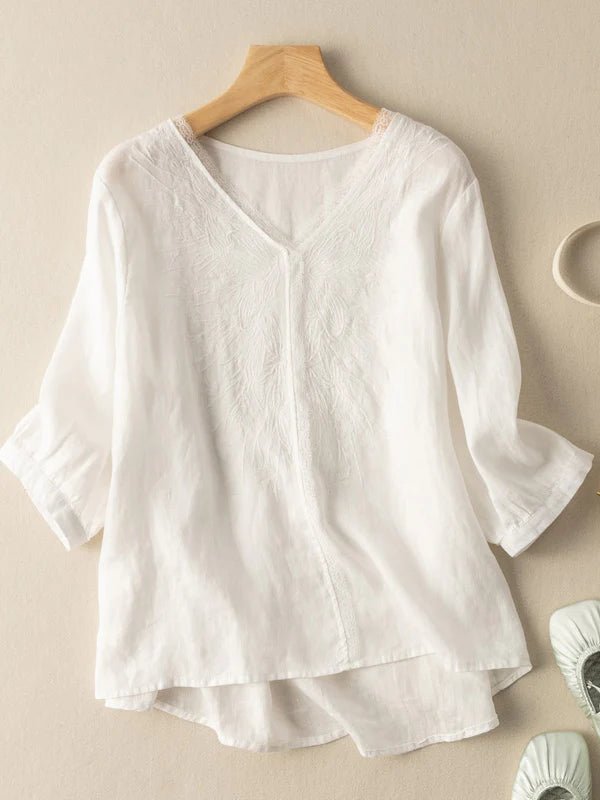 Embroidered V Neck 3/4 Sleeve Casual Linen Tee Top
