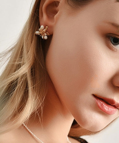 Cute Green Sterling Silver Copper Pearl Enamel Floral Stud Earrings