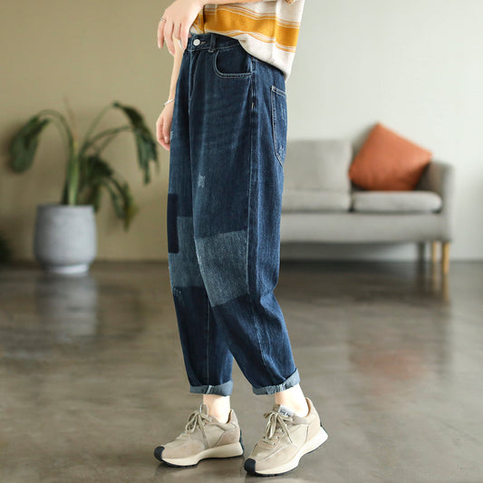 Autumn Women Ripped Patchwork Cotton Jeans