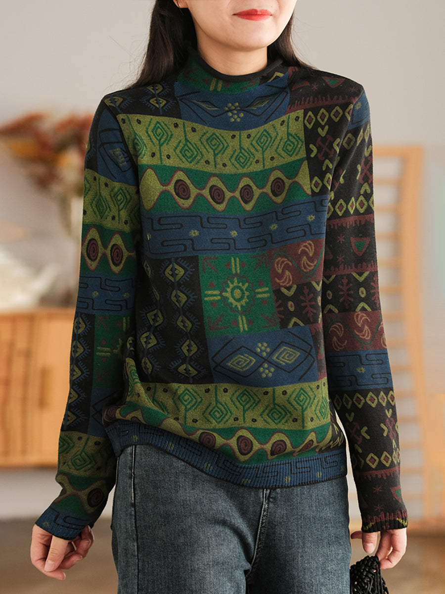 Half-High Collar Cotton Colorblock Women Autumn Casual Sweater