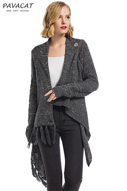 Tassel Asymmetrical Hem Shawl Speckled Fringe Cardigan - Green