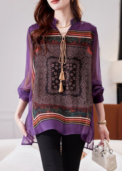 Loose Purple Low High Design Low High Design Chiffon Shirt Spring