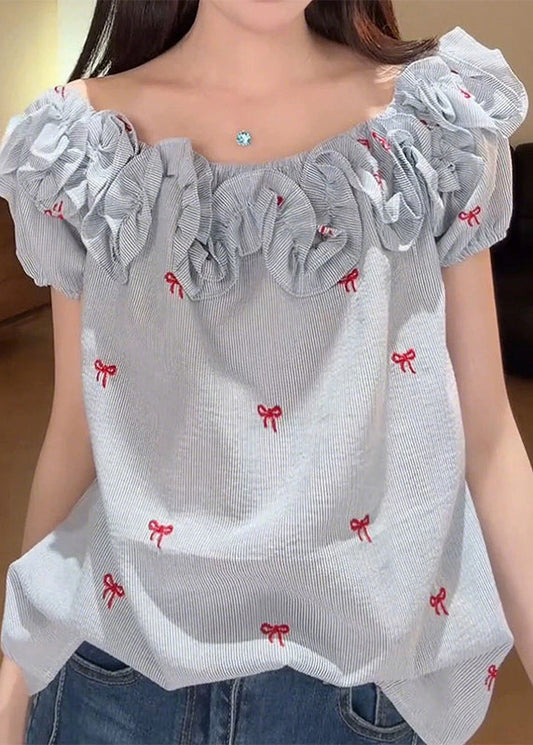 Art Blue Ruffled Bow Cotton Shirt Summer