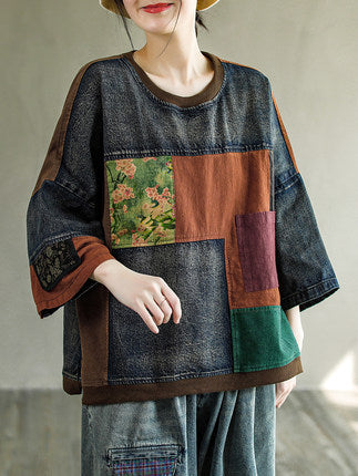 Vintage Plus Size Print Denim Panel Doll Sleeve T-Shirt