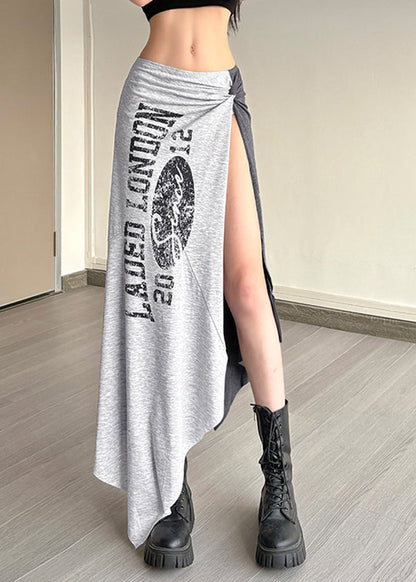 Casual Grey Asymmetrical Graphic Wrinkled Tassel Maxi Skirts Summer