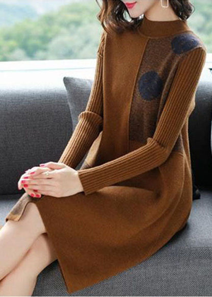 Fashion Coffee High Neck Asymmetrical Design Knit Sweater Dress Long Sleeve