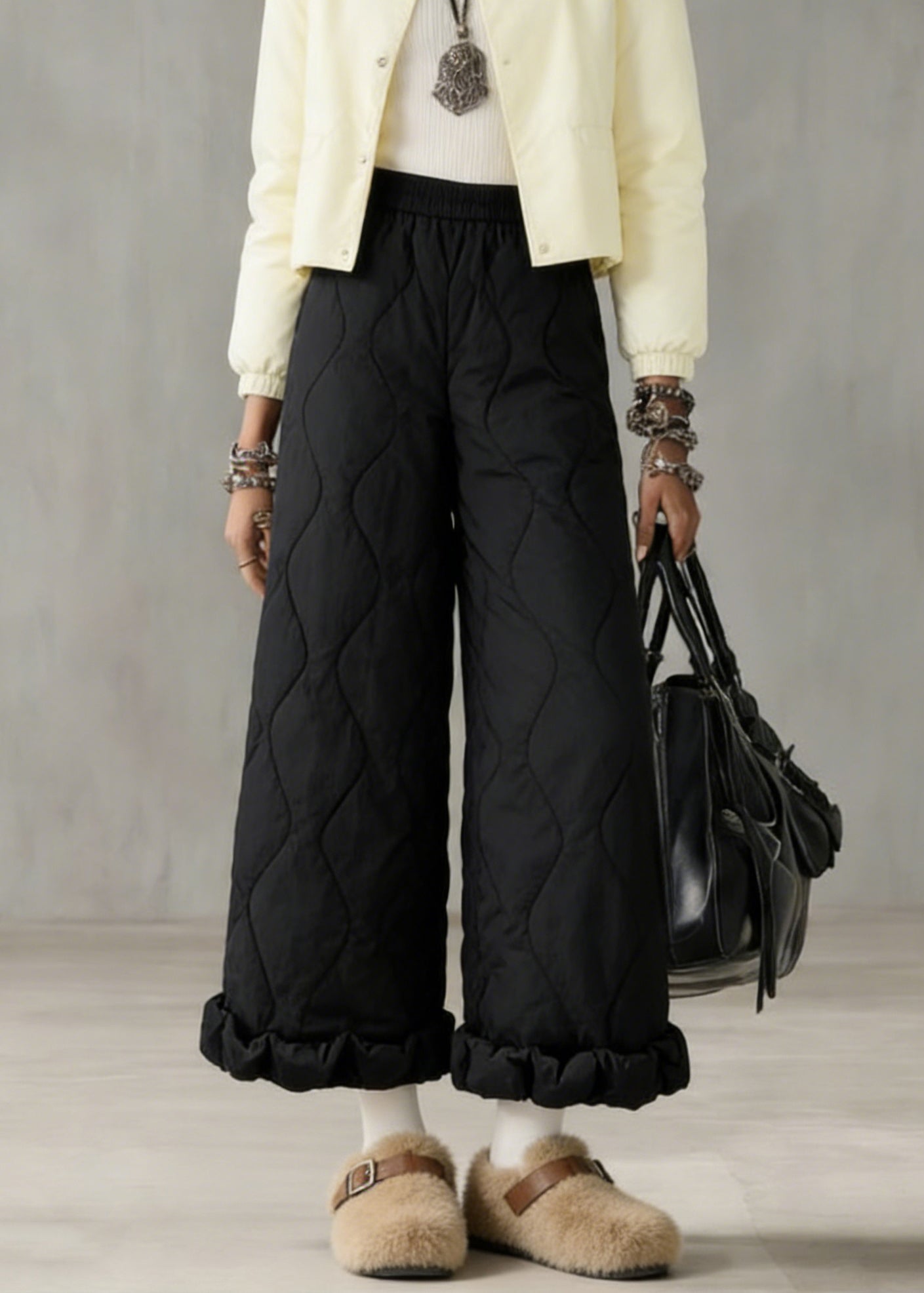 Stylish Beige Elastic Waist Solid Fine Cotton Filled Crop Pants