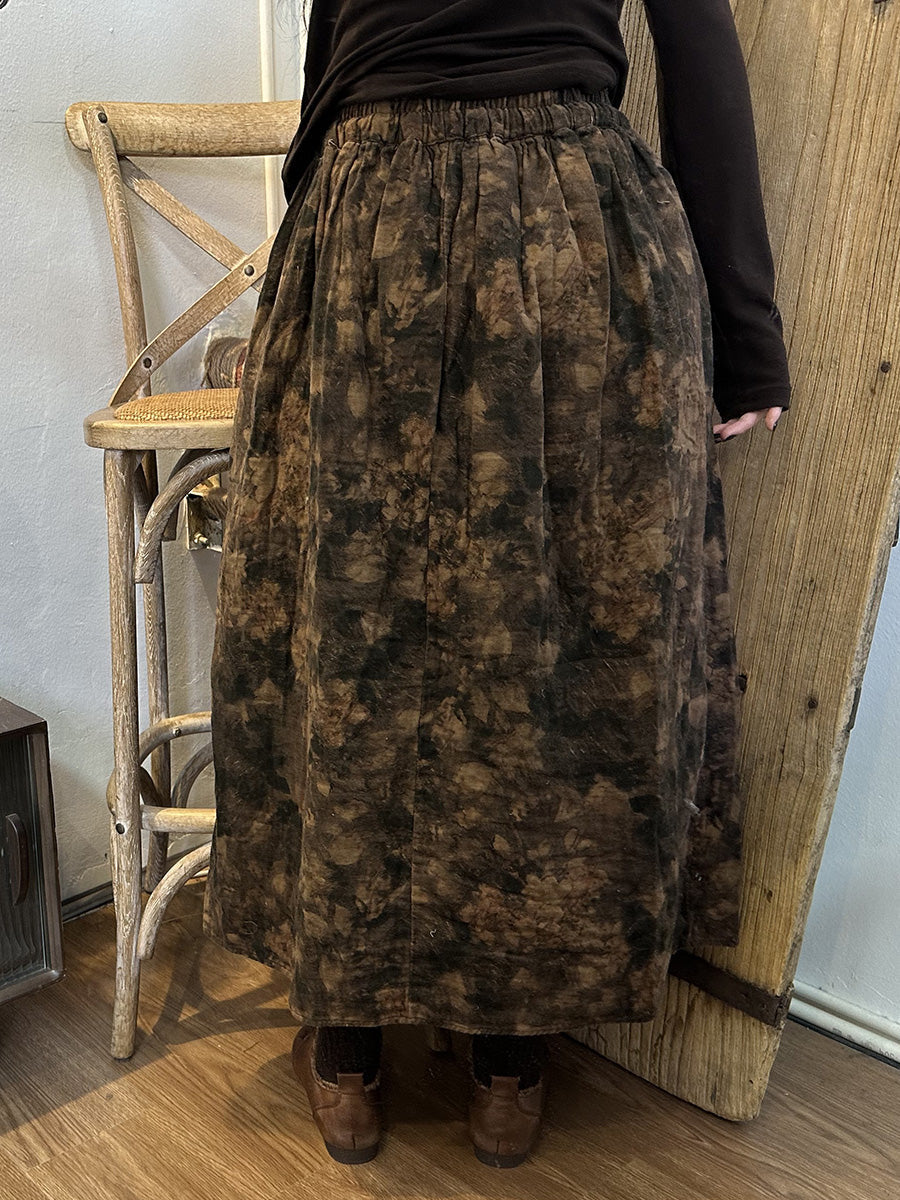Winter Women Vintage Drawstring Print Cotton Skirt