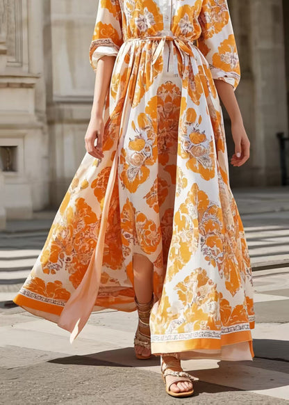 Women Orange Print Exra Large Hem Silk Tunic Dress Spring