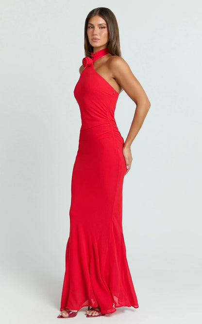 Frederica Maxi Dress - Gathered Halter Neck Godet Dress In Red