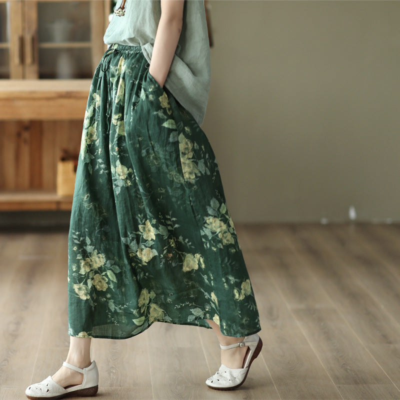 Cozy Floral Printed Linen A-Line Double Layers Skirt