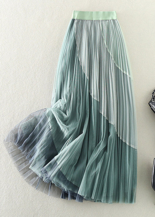 Natural Yellow Elastic Waist Patchwork Tulle Pleated Skirts Spring