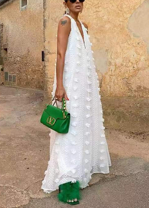 Bohemian White Backless Ribbon Floral Maxi Dress Sleeveless
