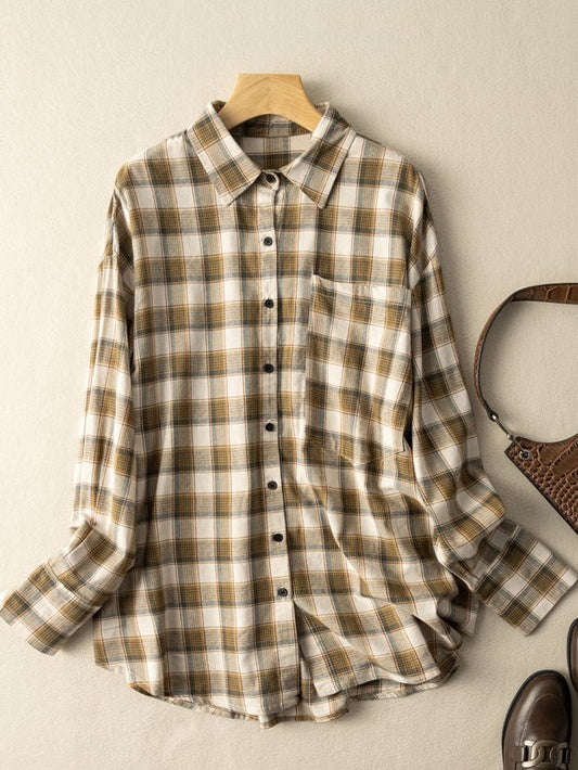 100% Natural Fabric Vintage Loose Mid Length Plaid Shirt