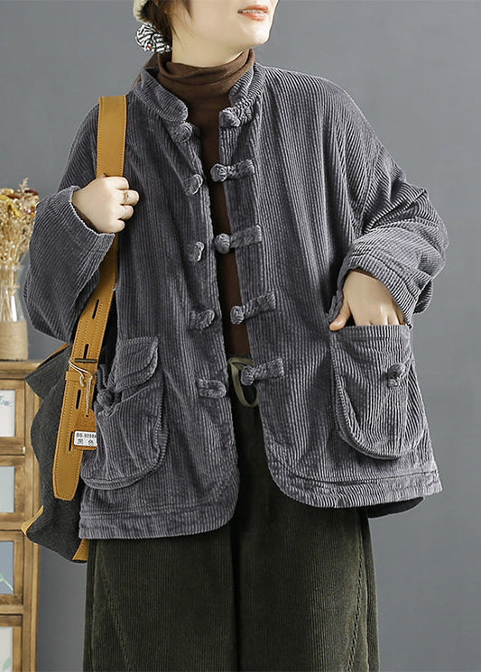 Vintage Brown Chinese Button Pockets Corduroy Coats Spring