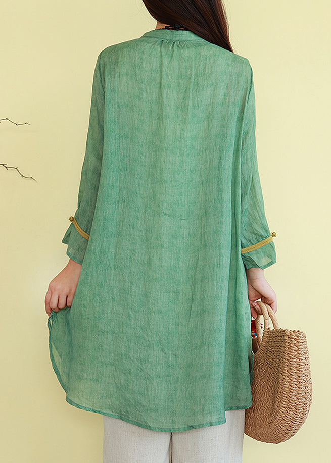 Vintage Green Button Thin Patchwork Linen Blouses