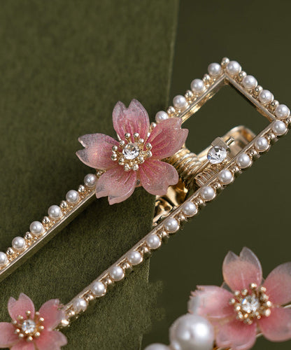 Beautiful Pink Alloy Zircon Pearl Resin Begonia Flower Hairpin Two-Piece Set