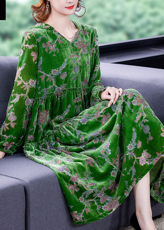 Fashion Green Ruffled Patchwork Velour Dresses