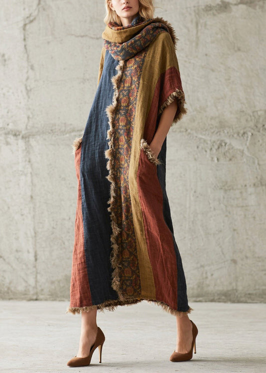 Women Colorblock Oversized Patchwork Faux Fur Maxi Dresses Half Sleeve