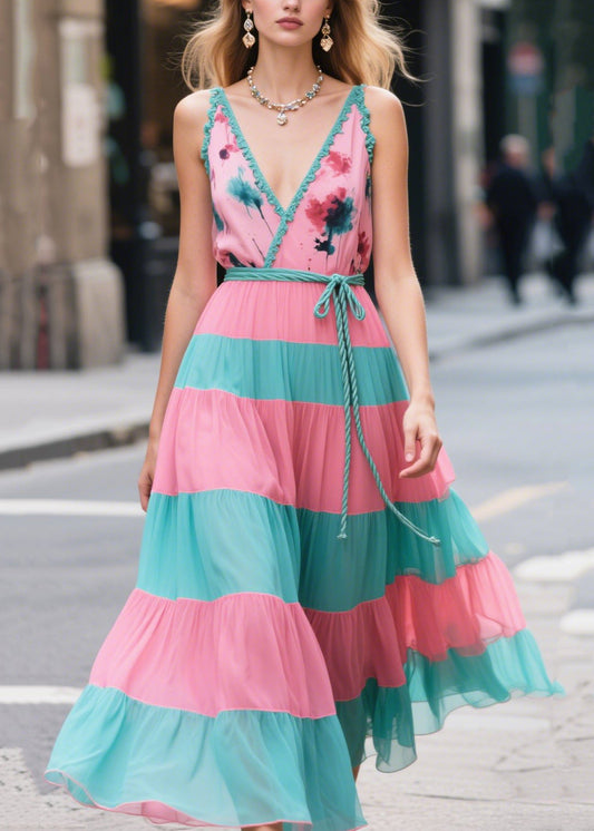 Bohemian Pink Tie Waist Patchwork Chiffon Long Dresses Summer