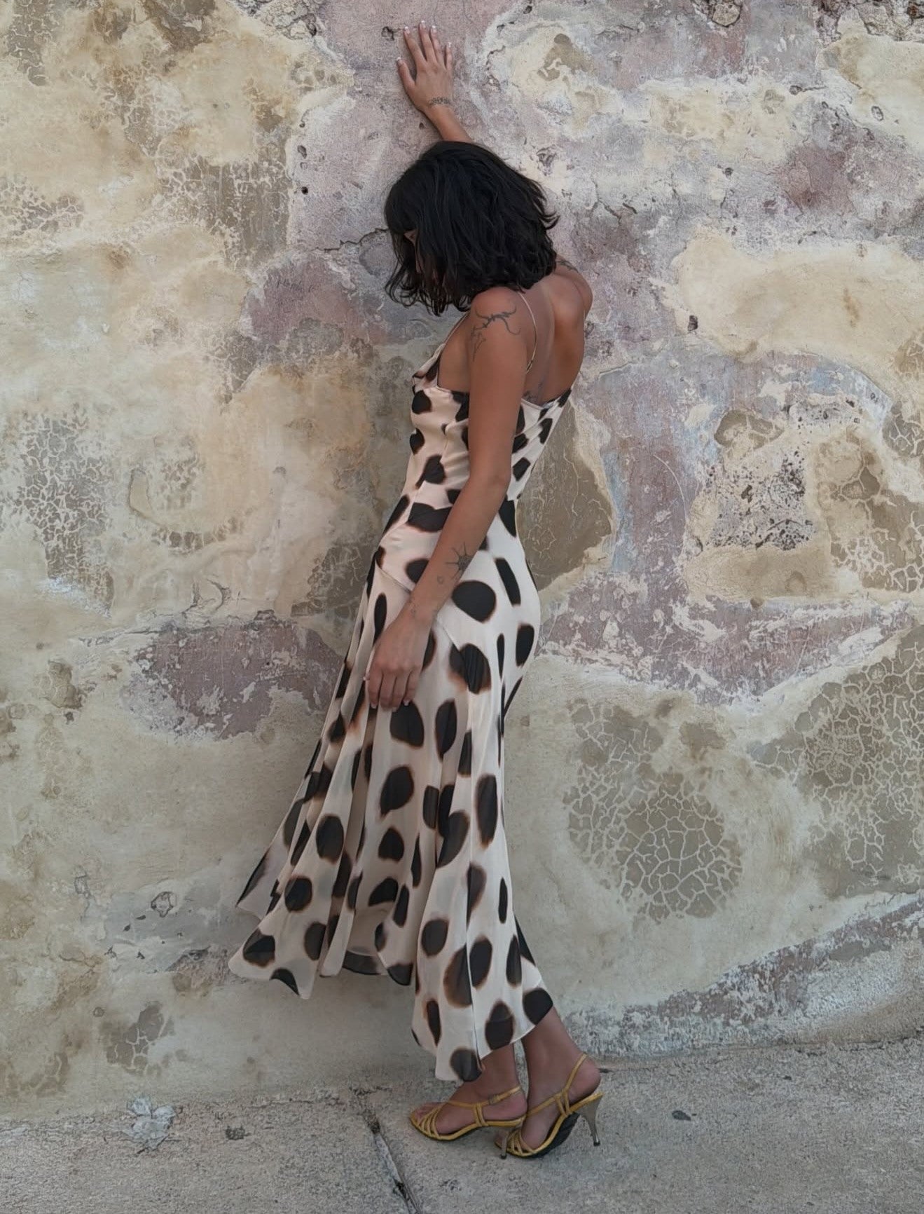 Draped Cowl Neck Polka Dot Print Slit Chiffon Slip Dress
