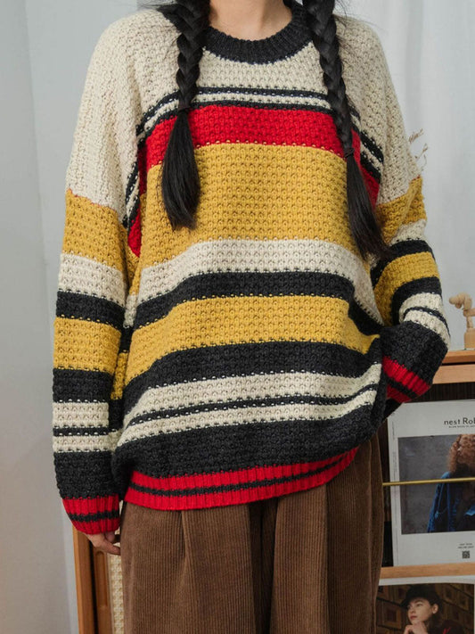 Women Japan Style Stripe Knitted Loose Sweater