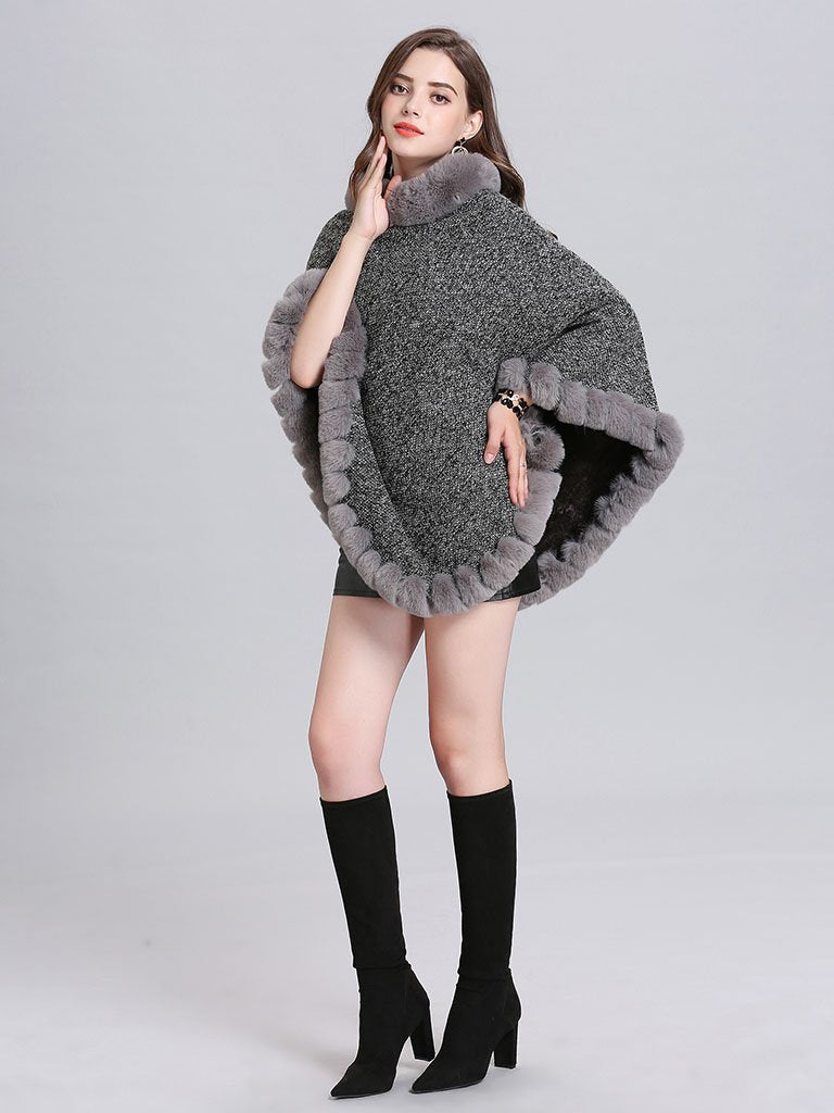 Women Woolen Poncho Faux Fur Shawl Collar Oversized Winter Coat