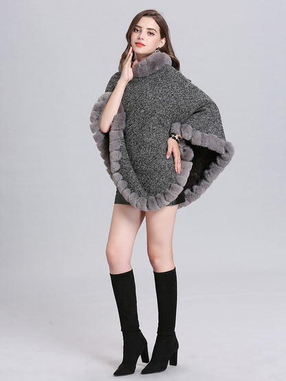 Women Woolen Poncho Faux Fur Shawl Collar Oversized Winter Coat