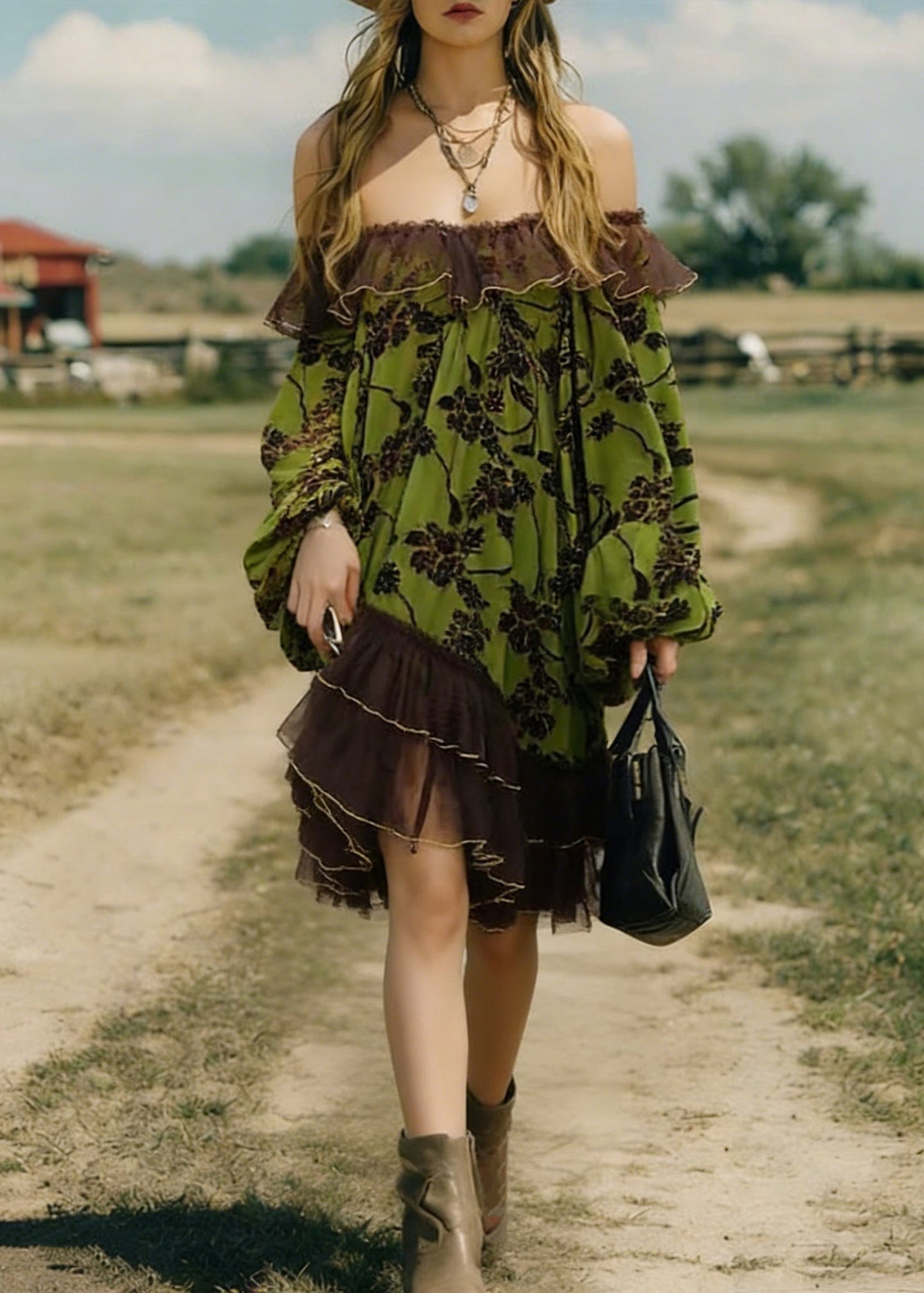 Green Flocking Print Tulle Patchwork Mid Dress Lantern Sleeve