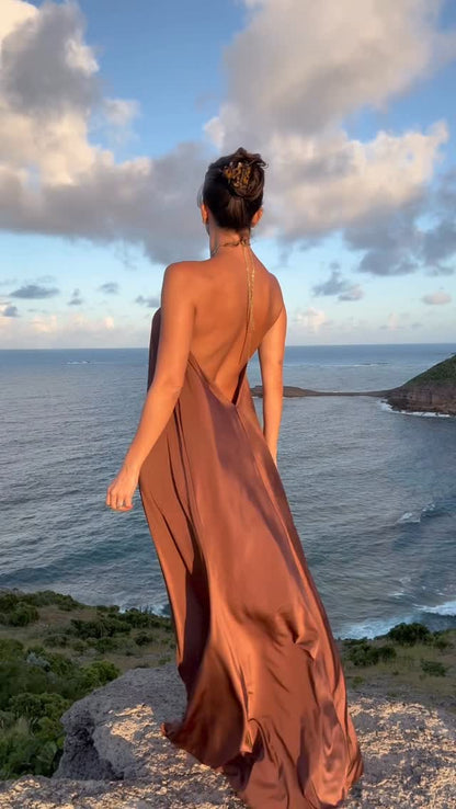 Beach Vacation Satin Halter Maxi Dress