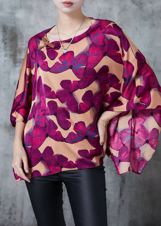 Vintage Brown Oversized Butterfly Silk Shirt Batwing Sleeve