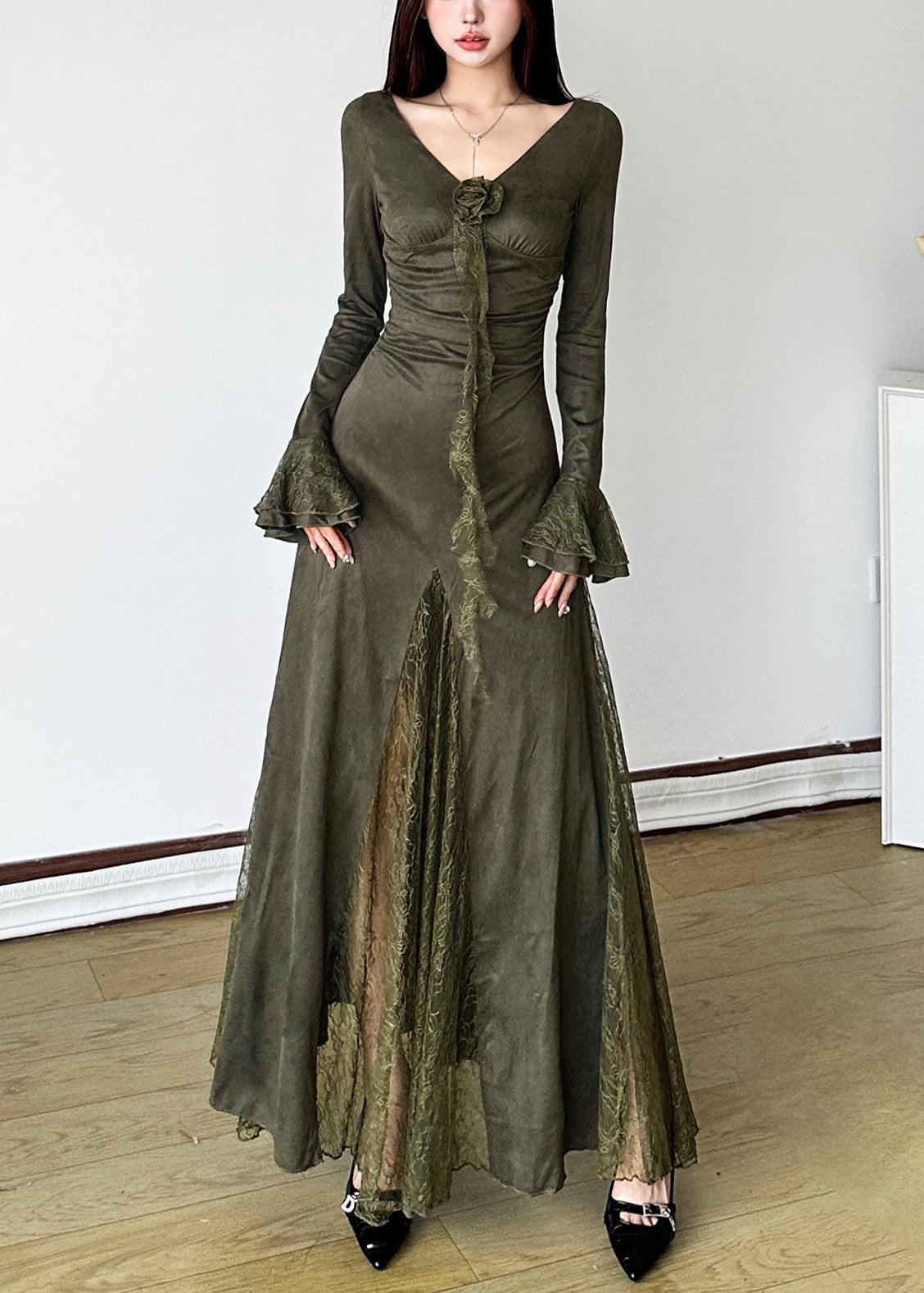 Elegant Blackish Green Patchwork Lace Long Dress Flare Sleeve