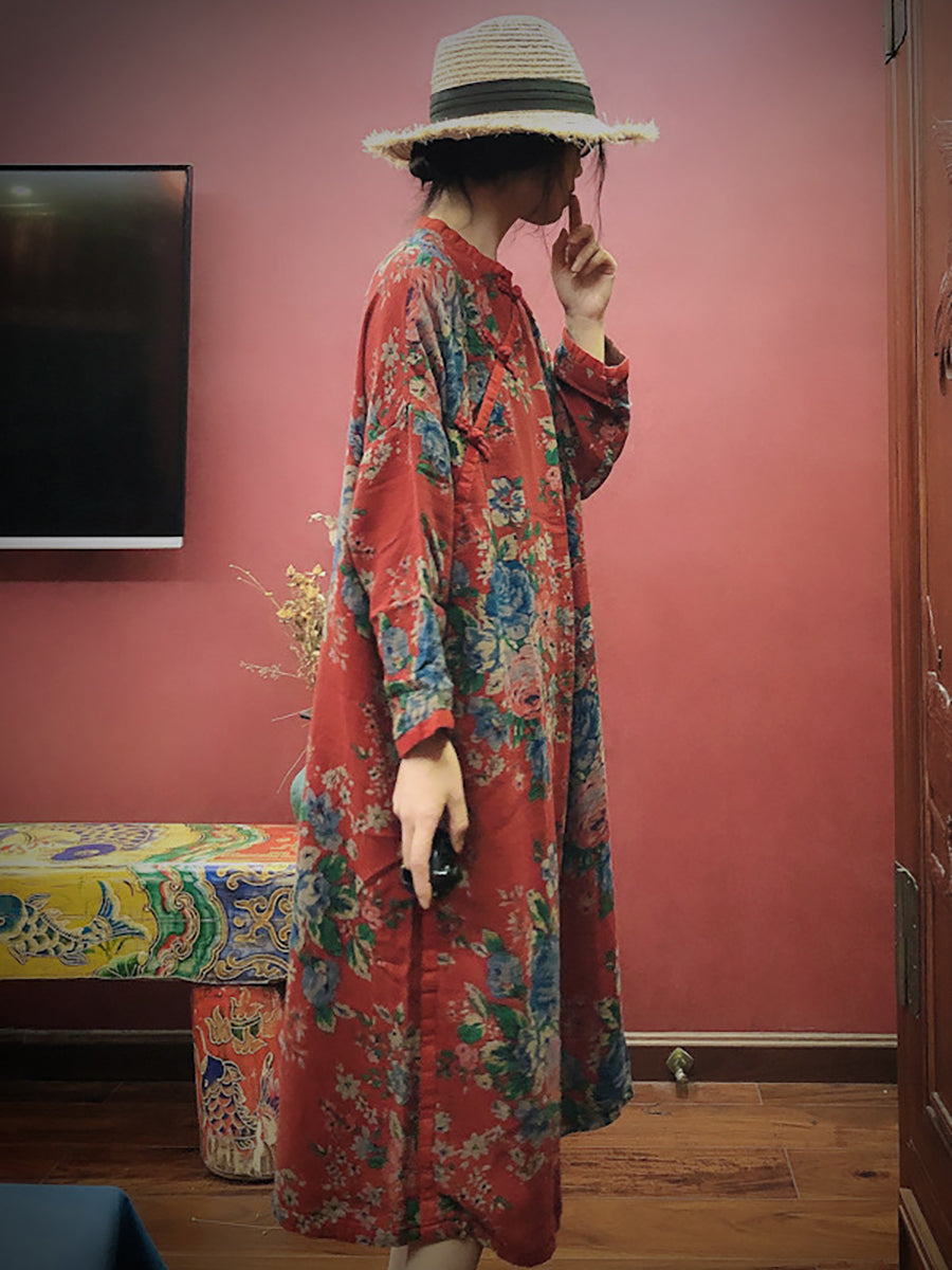 Women Cotton Vintage Print Casual Loose Dress