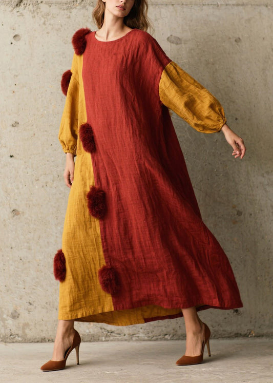 Style Colorblock Patchwork Fuzzy Ball Decorated Vacation Dresses Fall
